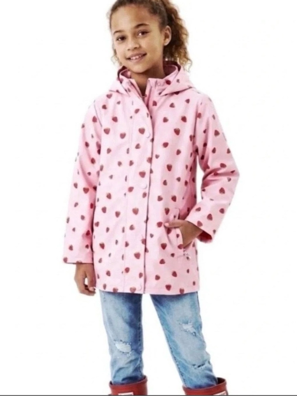 Hunter Pink Strawberry-Print Kids Raincoat with Hood, 10